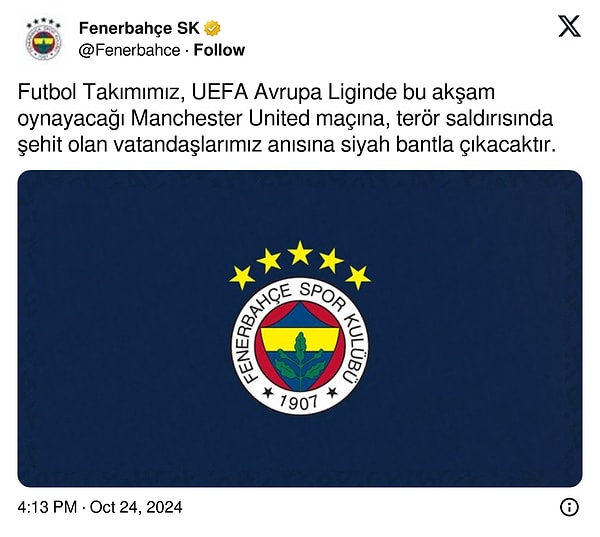 Fenerbahçe Spor Kulübü, resmi X hesabından yaptığı paylaşımla Manchester United maçına siyah bantla çıkacaklarını duyurdu👇