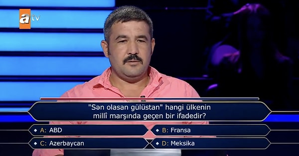 "Sən olasan gülüstan" hangi ülkenin milli marşında geçen bir ifadedir? sorusu için seyirci joker hakkını kullanmak isteyen yarışmacı Oktay Kaynarca'yı çıldırttı.