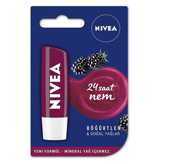 8. NIVEA Böğürtlen Dudak Bakım Kremi, 24 Saat Nem, Hafif Bordo Işıltı, Doğal Yağlar ile Gün Boyu Dudak Bakımı, Böğürtlen Kokusu, 4.8 gr