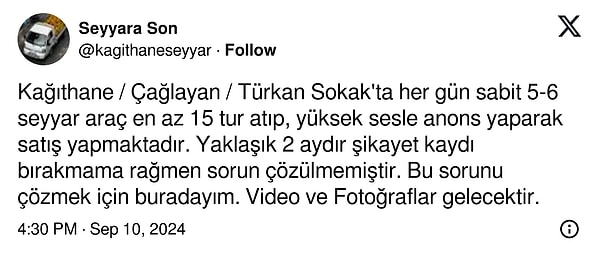 Kullanıcı, gün içinde sokağından geçen her seyyar satıcıyı videoya alarak hesabında paylaşıyor. Bu paylaşımlarına da saati, dakikasını, tarihi ve plakayı eklemeyi eksik etmiyor.