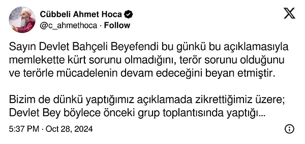 Öte yandan Cübbeli Ahmet, X hesabından sözlerini yumuşatarak MHP'ye adeta bir destek paylaşımı yaptı: