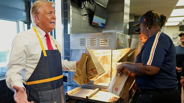 While working at the fast-food joint, Trump jokingly told those around him, "I’ve worked 15 minutes longer than Kamala right now."