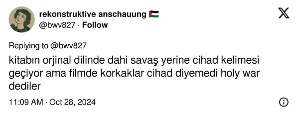 "Savaş yerine 'cihad' kelimesi geçiyor ama filmde korkaklar cihad diyemedi 'holy war' dediler" diyerek fikrini savundu. 👇