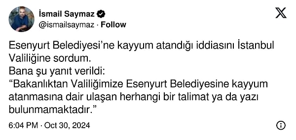 Gazeteci İsmail Saymaz'ın paylaşımı 👇