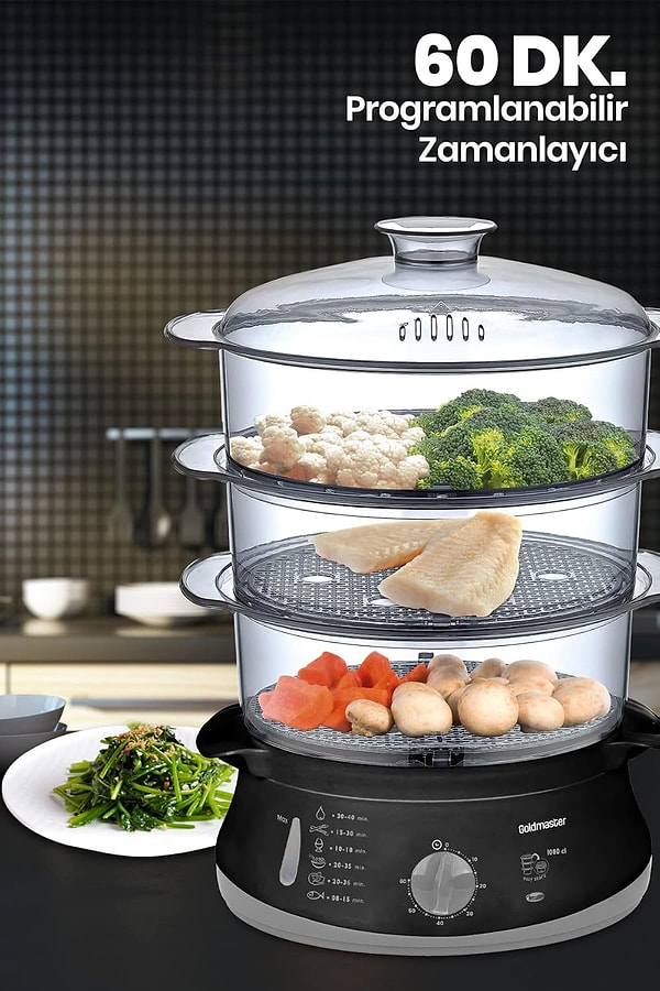 10. GoldMaster Steamcook 60 Dakika Zaman Ayarlı 10 Litre Bpa İçermeyen Buharlı Pişirici