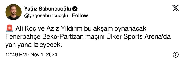 Sports Digitale'den Yağız Sabuncuoğlu, Ali Koç ve Aziz Yıldırım'ın maçı yan yana izleyecekleri haberini verdi👇