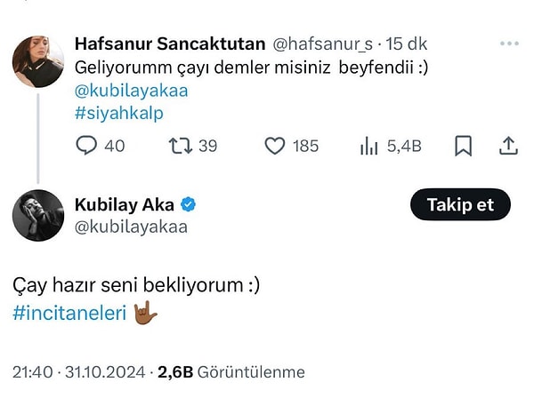 Whatsapp yokmuşçasına X'te flörtleşmeyi seçen ikilinin, yer aldıkları dizileri de etiketleyerek çay muhabbeti yapması X kullanıcıları tarafından yeni tabirimizle fazlasıyla "cringe" bulundu.