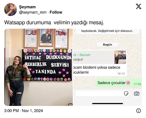 Twitter'da (X) bir öğretmen, WhatsApp durumunda paylaştığı fotoğrafa bir velisinden gelen mesajı yayınladı.