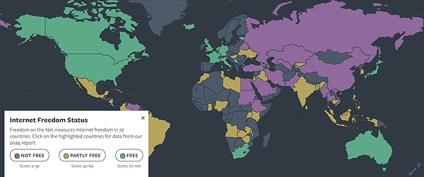 1. Dünya çapında internet özgürlüğü oranları. Mor olan alanların özgür olmadığı belirtiliyor.