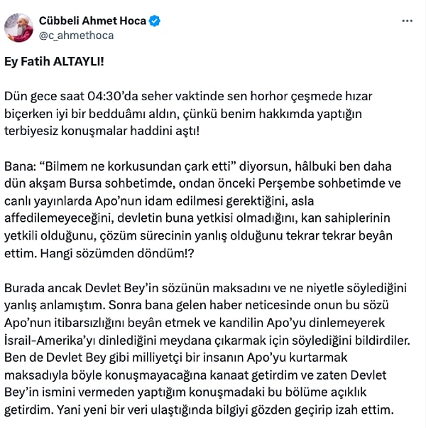 Cübbeli Ahmet'in açıklamalarının tamamı: