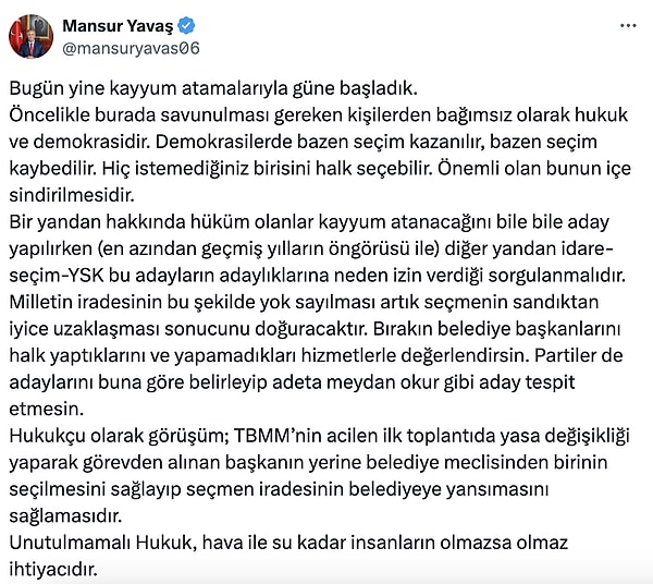 Mansur Yavaş ise bugün 3 belediyeye daha kayyum atanması sonrası DEM Parti'yi de içine alan daha geniş çaplı bir eleştiri yapmıştı 👇