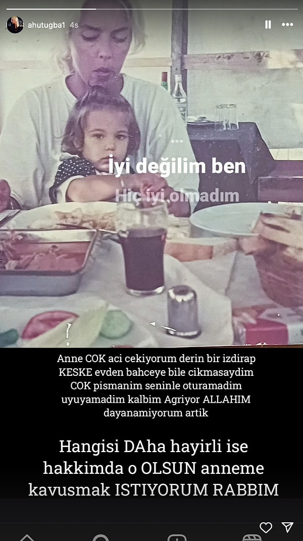 Anne acısına dayanamayan Anjelik, Ahu Tuğba'yla fotoğrafını "Anne çok acı çekiyorum, derin bir ızdırap. Keşke evden bahçeye bile çıkmasaydım, çok pişmanım seninle oturamadım, uyuyamadım. Kalbim ağrıyor, dayanamıyorum artık. Hangisi daha hayırlı ise hakkımda o olsun, anneme kavuşmak istiyorum rabbim" mesajıyla paylaştı.