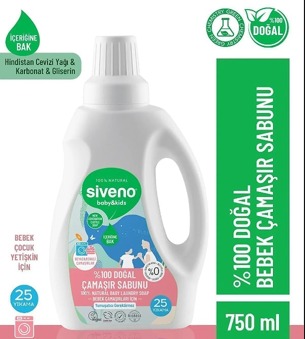 7. Siveno %100 Doğal Bebek Çamaşır Sabunu Kendinden Yumuşatıcılı Bitkisel Deterjan Konsantre Vegan 750 ml