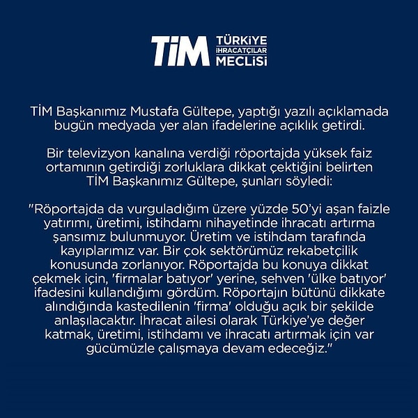 Gültepe aslında "Firmalar batıyor" demek isteyecekken 'sehven' "Ülke batıyor" dediğini söyledi. Açıklamanın tamamı şöyle👇🏻