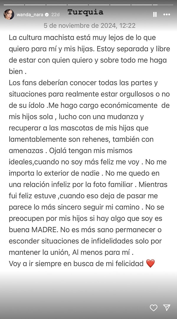 Icardi dururken L-Gante'yi tercih eden Wanda Nara, başına "Türkiye" notu tutturduğu uzun bir metin paylaştı. L-Gante'yle aşkı kabul ettiği, Icardi'ye de veda ettiği bir son mektuptu bu.