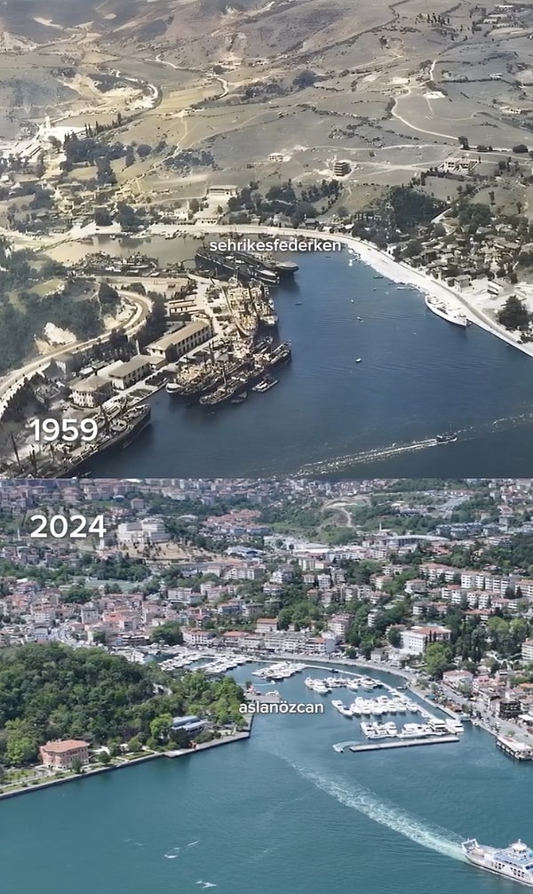 15. İstinye koyu ve çevresinin 1959 ve 2024 yılları arasındaki 65 yıllık bu değişimi