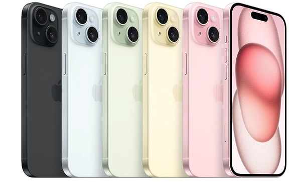 iPhone 15 renkle işlenmiş dayanıklı cam ve alüminyum tasarımla sunuluyor.