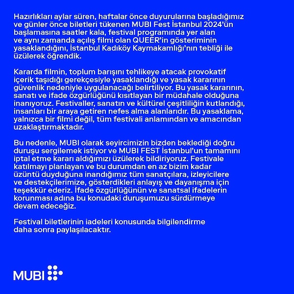 MUBI Fest İstanbul tarafından yapılan resmi açıklamada şunlar belirtildi: