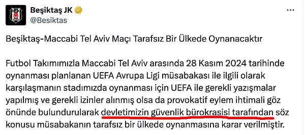 Beşiktaş JK yaptığı açıklamada UEFA'dan izin aldıklarını ancak devletin güvenlik bürokrasisine takıldığını, provokatif bir eylem olmaması için maçın tarafsız bir ülkede oynanacağını belirtmişti.