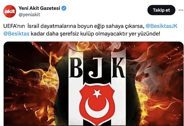 Provokatif başlıklarıyla bilinen Yeni Akit ise bu duruma rağmen Beşiktaş'a ağır hakaretlerde bulundu.