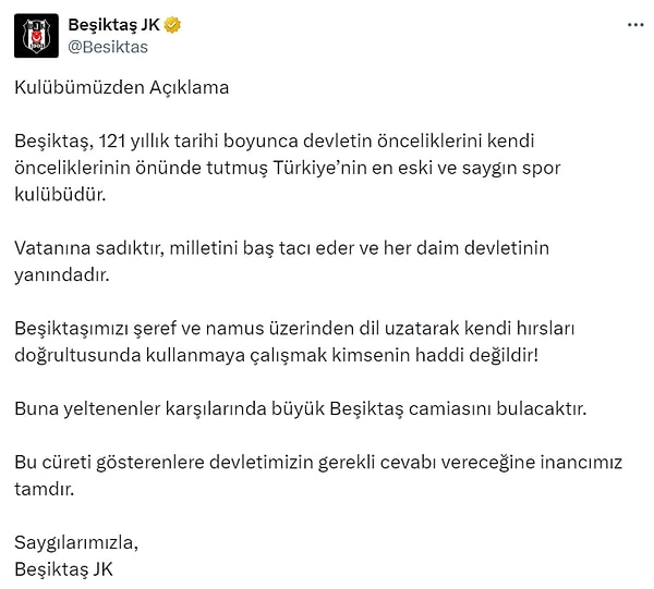 Beşiktaş JK paylaşımla ilgili açıklama yaptı.