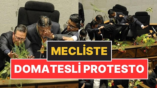 Mecliste Domatesli Protesto! Bolivya Devlet Başkanı Yardımcısı Ceketini Siper Etti