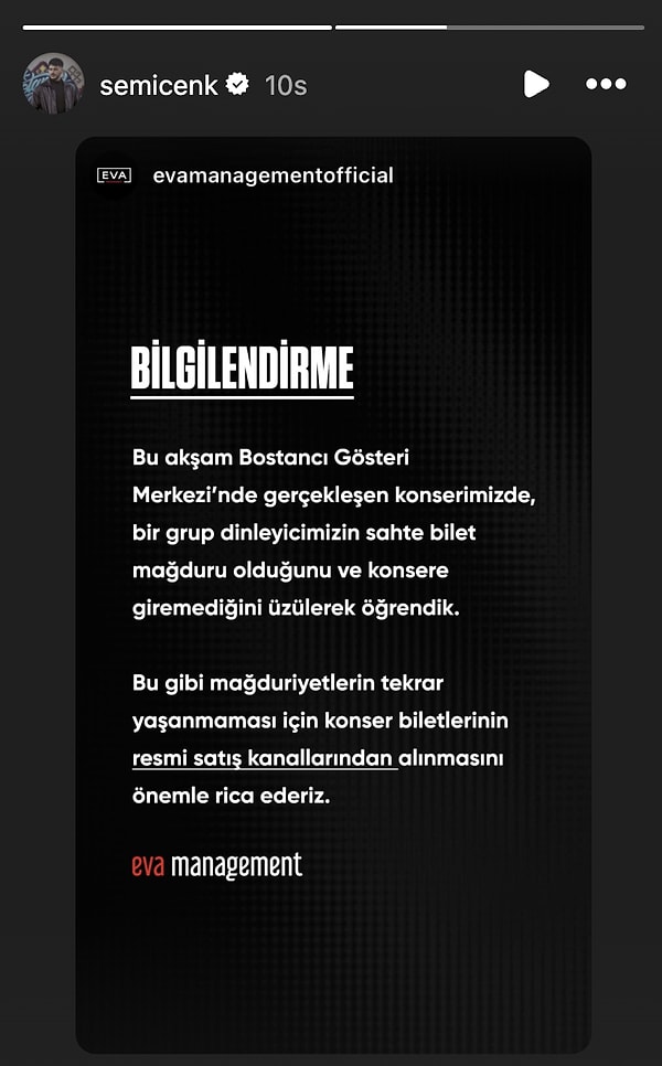 Konserden sonra Instagram hesabından paylaşım yapan Semicenk, dinleyicilerini bilet konusunda uyardı.