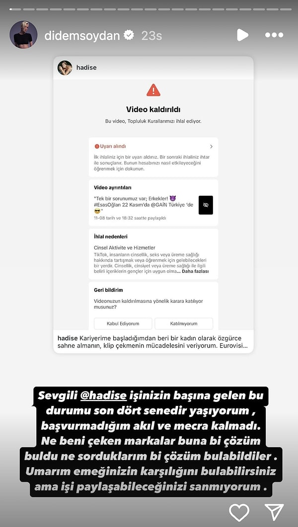 "İşinizin başına gelen bu durumu son dört senedir yaşıyorum, başvurmadığım akıl ve mecra kalmadı" diyen Soydan, "Ne beni çeken markalar buna bi çözüm buldu ne sorduklarım bi çözüm bulabildiler. Umarım emeğinizin karşılığını bulabilirsiniz ama işi paylaşabileceğinizi sanmıyorum" ifadelerini kullandı.