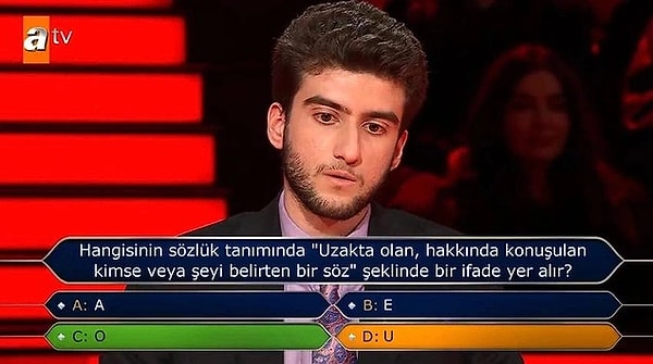 13. ATV'nin popüler yarışma programı Kim Milyoner Olmak İster'de ilginç bir an yaşandı. Bir yarışmacı, soruyu yanlış anlayarak daha 3. soruda yarışmaya veda etti. Soruyu yanlış yorumlaması, ekran başındaki izleyicileri hem şaşırttı hem güldürdü. Erken elenmesiyle sosyal medyada gündem olan yarışmacı, kısa sürede çok sayıda yorum aldı. Bu beklenmedik olay, Kim Milyoner Olmak İster?'in son bölümünde en çok konuşulan anlardan biri oldu.