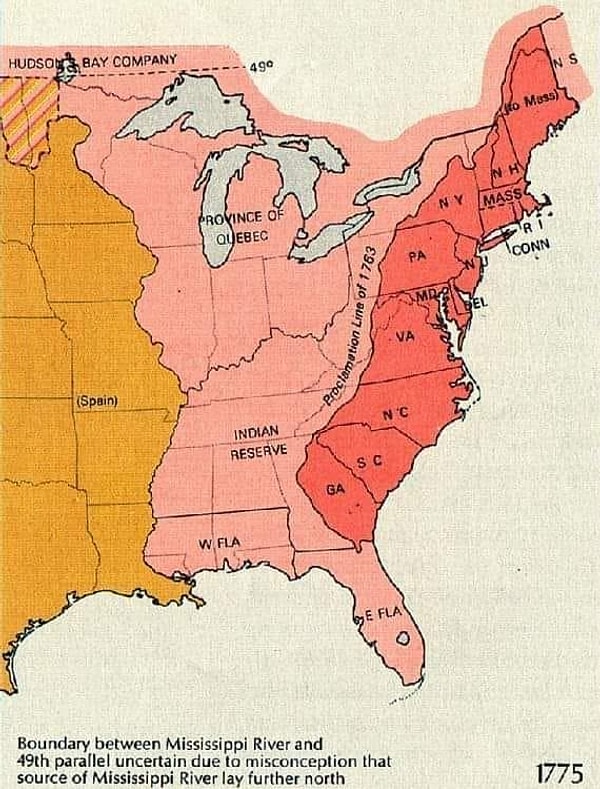 1. 1775 yılında Amerika, kırmızı alanlar 13 koloniyi gösteriyor.