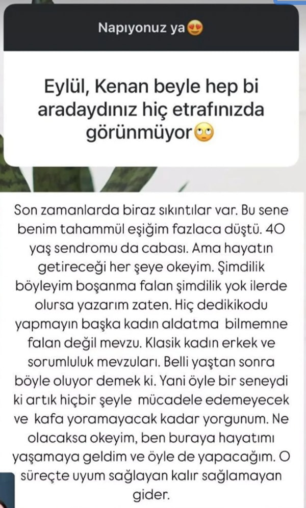 Meraklı sorulara "Son zamanlarda sıkıntılar var" şeklinde cevap veren Öztürk "Şimdilik boşanma yok, ileride olursa yazarım." ifadelerini kullandı.