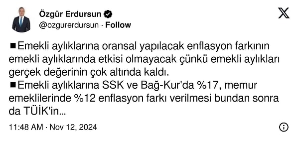 Emekli aylıklarının karşılıksız bir ödeme olmadığını; yatırılan primlerin karşılığı olduğunu ifade eden Erdursun, paylaşımına şöyle devam etti: