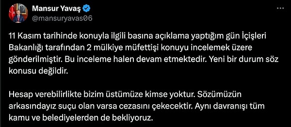 ABB Başkanı Mansur Yavaş'ın, soruşturma iddiaları sonrasındaki paylaşımı 👇