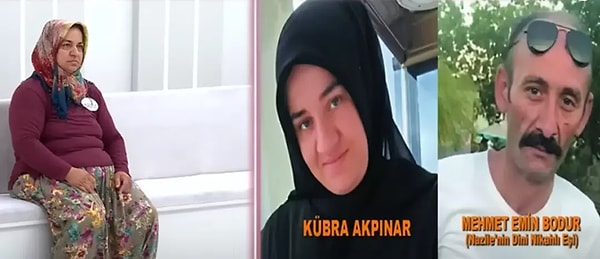 Üç kez evlenen ve beş çocuk annesi Nazile Hanım, 5 yıldır imam nikahlı evli olduğu Mehmet Bodur ve ilk evliliğinden dünyaya gelen 26 yaşında evli ve çocuklu olan kızı Kübra Akpınar'ın kaçtığı iddiasıyla Esra Erol'a katıldı.