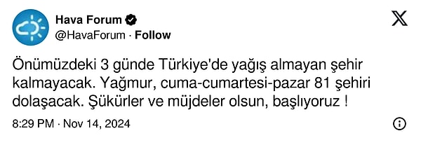 Haftalardır beklenen yağmur Türkiye'yi etkisi altına almaya başladı. Bugün itibarıyla Türkiye'nin birçok bölgesinde yağışlar görülmeye başlandı. Hava Forum'un Twitter hesabından paylaşılan bilgiye göre önümüzdeki üç gün boyunca yağmurun aralıksız devam etmesi bekleniyor.