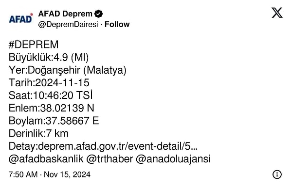 AFAD’ın deprem paylaşımı