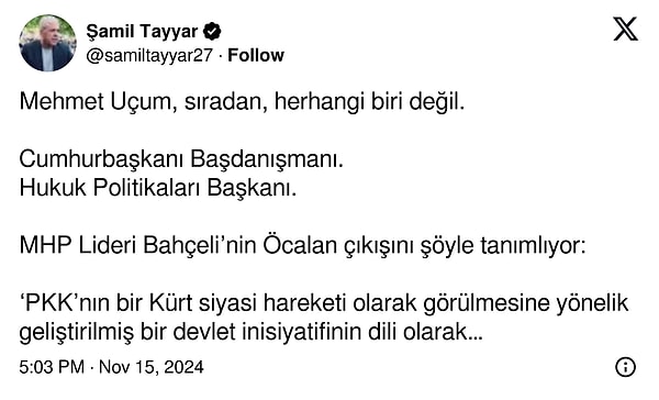 Bu sözlere eski AK Parti Milletvekili Şamil Tayyar’dan eleştiri geldi. Tayyar'ın paylaşımında şu ifadeler yer aldı: