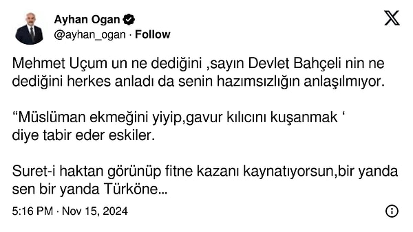 Tayyar’ın sözlerine Cumhurbaşkanı Danışmanı Ayhan Ogan’dan jet ve bir o kadar da sert yanıt geldi.