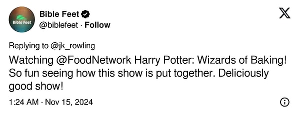 "Harry Potter: Wizards of Baking'i izliyorum! Bu gösterinin nasıl bir araya getirildiğini görmek çok eğlenceli. Nefis bir gösteri!"