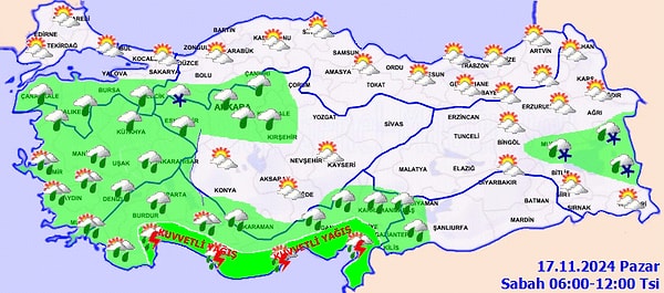 MGM tarafından yayımlanan hava durumu raporuna göre; ülkemiz genelinin parçalı ve çok bulutlu, Marmara’nın güneyi, Ege, Akdeniz, İç Anadolu, Orta Karadeniz'in iç kesimleri, Doğu Anadolu'nun güney ve batısı ile Güneydoğu Anadolu'nun kuzey ve batısının yağmur ve sağanak yağışlı, Doğu Anadolu’nun güneydoğusunun yükseklerinin karla karışık yağmur ve kar yağışlı geçeceği tahmin ediliyor.