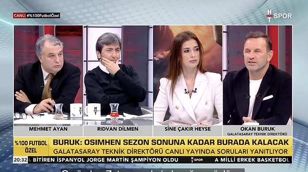 Galatasaray Teknik Direktörü Okan Buruk, HT Spor ekranlarında Yüzde Yüz Futbol programına konuk oldu. Rıdvan Dilmen, Sine Çakır Heyse ve Mehmet Ayan'ın sorularını yanıtlayan Buruk, Galatasaray taraftarlarını heyecanlandıracak bir müjde verdi.