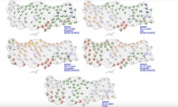 Meteorolojinin haritalarına göz attığımızda 20 Kasım Çarşamba günü güneşin yüzünü gösterdiğini ancak ertesi günler yerini kuvvetli yağışa bırakacağını görüyoruz.