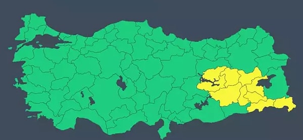 Meteoroloji bugün “Bingöl, Bitlis, Diyarbakır, Elazığ, Hakkari, Muş, Siirt, Tunceli, Batman, Şırnak” için sarı kodlu uyarıda bulundu. Yarın ise "Bitlis, Hakkari, Siirt, Şırnak" için alarm verildi.