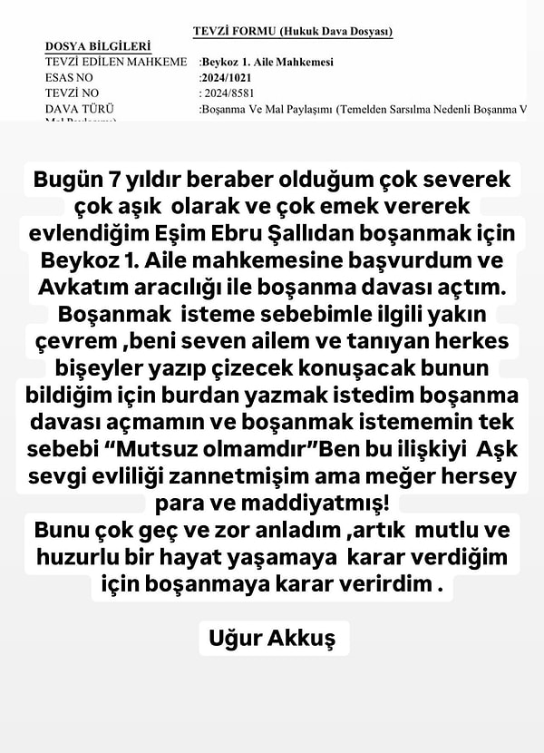 Boşanma nedeninin 'mutsuzluk' olduğunu duyuran Akkuş'un Ben bu ilişkiyi aşk, sevgi evliliği zannetmiştim ama meğer her şey para ve maddiyatmış" sözleriyse çok ağır bulundu.