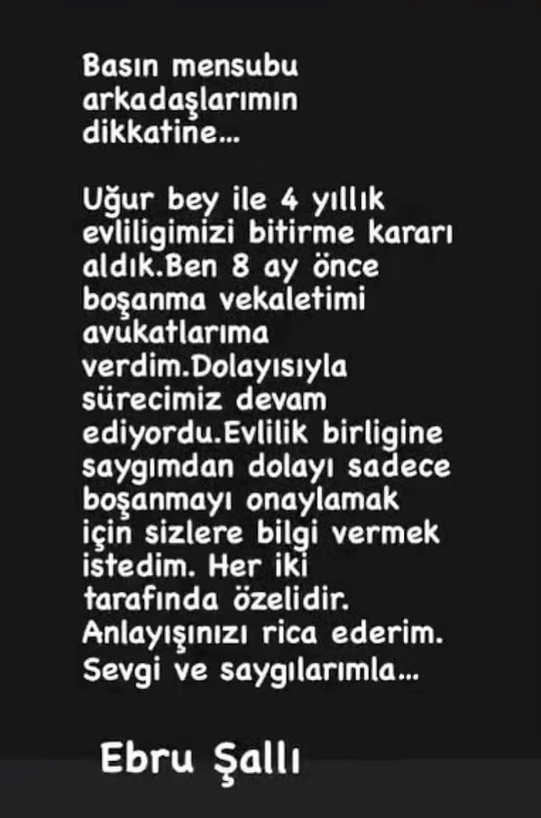 Ünlü mankense sadece "Evlilik birliğine saygımdan dolayı sadece boşanmayı onaylamak için sizlere bilgi vermek istedim. Her iki tarafın da özelidir" açıklamasında bulup yine sessizliğe büründü.