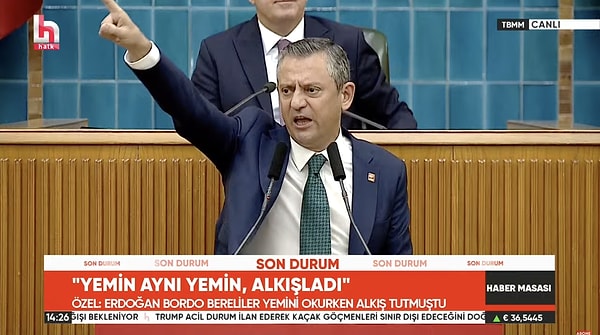 Teğmenlerin disipline sevk edilmesine partisinin grup toplantısında tepki gösteren CHP Genel başkanı Özgür Özel, Cumhurbaşkanı Erdoğan'a seslendi. "Biz iktidar olunca böyle haksızlıkla atılan kim olursa onu alırız. Şunu söyleyeyim Recep Tayyip Erdoğan... Atma, yapma. Atarsan, günü geldiğinde şu yemin törenini göreceksin, o kararı verenler, o karara sessiz kalanlarla atılan teğmenlere hep beraber yemin töreni yaptıracağız. O karara sessiz kalanların hepsini emekliye ayıracağız." dedi.