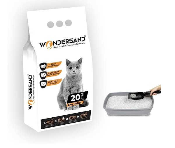 Wondersand 20 Lt Beyaz Bentonit İnce Tane Kokusuz Süper Topaklanan Premium Kedi Kumu