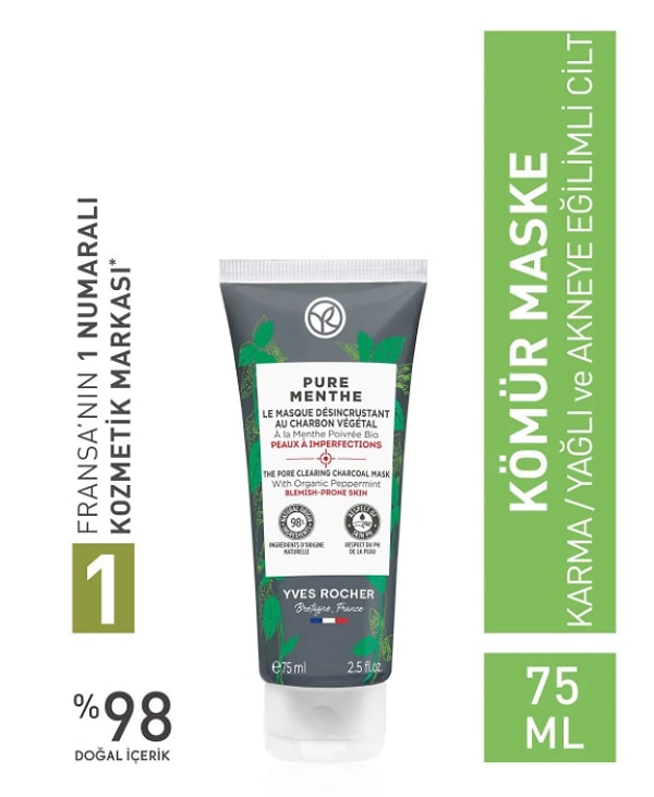 12. Yves Rocher Karma, Yağlı Ve Akneye Eğilimli Ciltler Için Pure Menthe Kömür Maske-75 ml