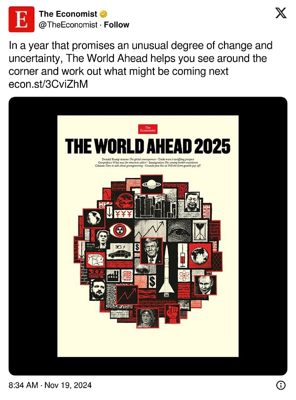 The Economist'in resmi X hesabından 2025 yılı kapağı şu sözlerle paylaşıldı: