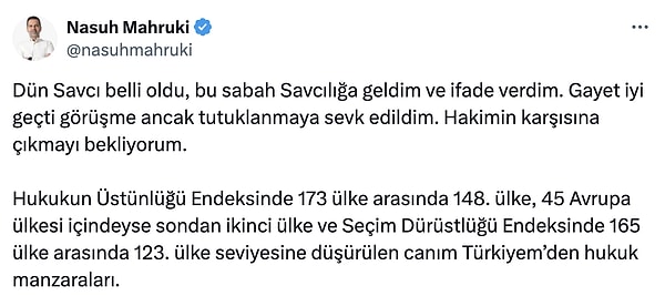 12 Kasım'da evine polis baskını yapılan Mahruki hakkında, 'yanıltıcı bilgiyi alenen yayma' ve 'yargı organlarını aşağılama' suçlamasıyla soruşturma başlatılmıştı. Mahruki, ifadesi sonrası Twitter hesabından şu paylaşımı yapmıştı: 👇🏻